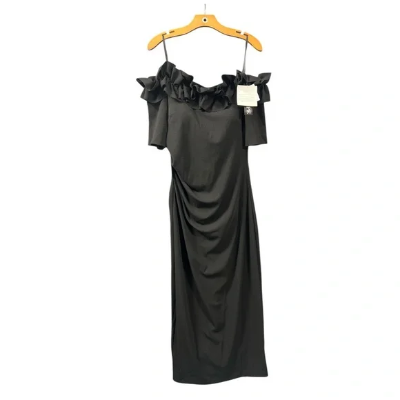 Xscape Black Ruffle Off The Shoulder Scuba Crepe Gown Long Maxi